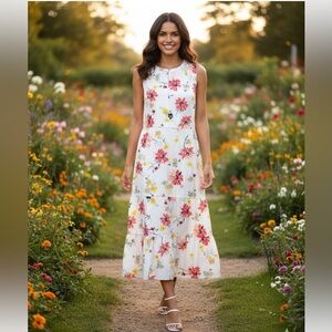 🆕 GAP sleeveless midi dress white Floral print Dress Size 4